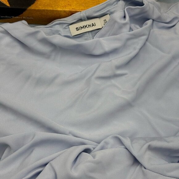 🆕 SIMKHAI 🧿 NWOT Acacia Draped Ruched Jersey Midi Dress, Blue Haze - Sz XS - Picture 14 of 15